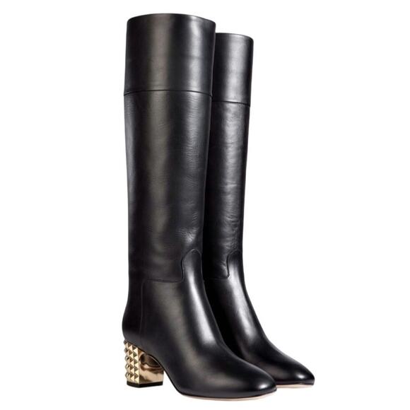 Valentino Shoes - Valentino Garavani Black Leather Gold studded Womens knee high boots